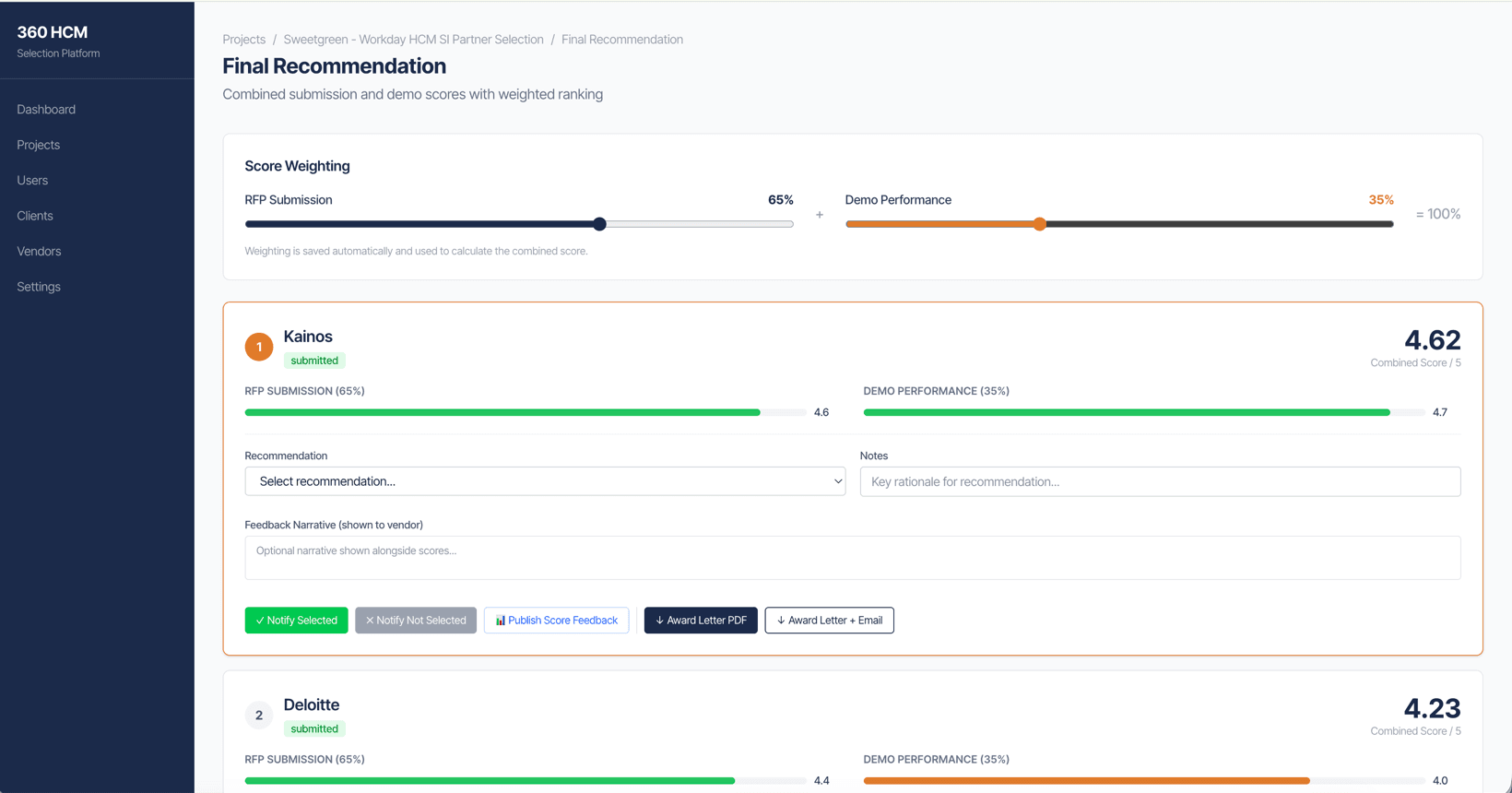 Final recommendation view showing scoring rationale, TCO comparison, and named vendor recommendation.