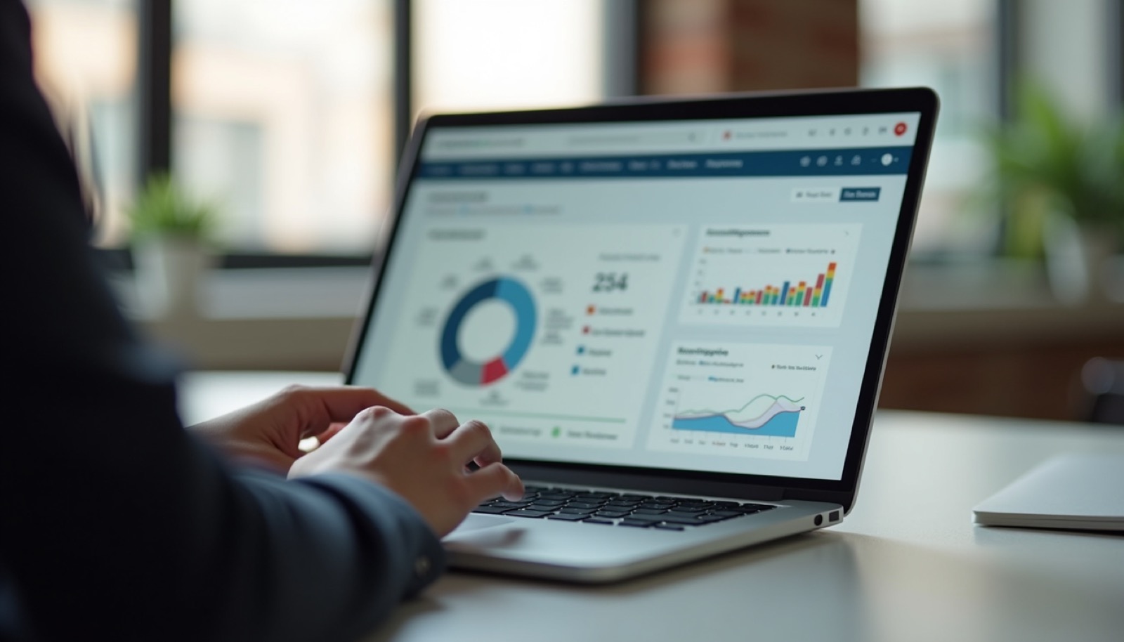 Close-up view of a project leader reviewing Workday dashboards on a laptop
