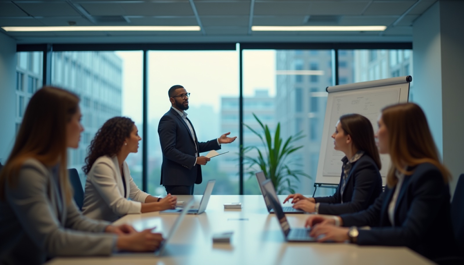 Close-up view of a program manager leading a team meeting on Workday implementation