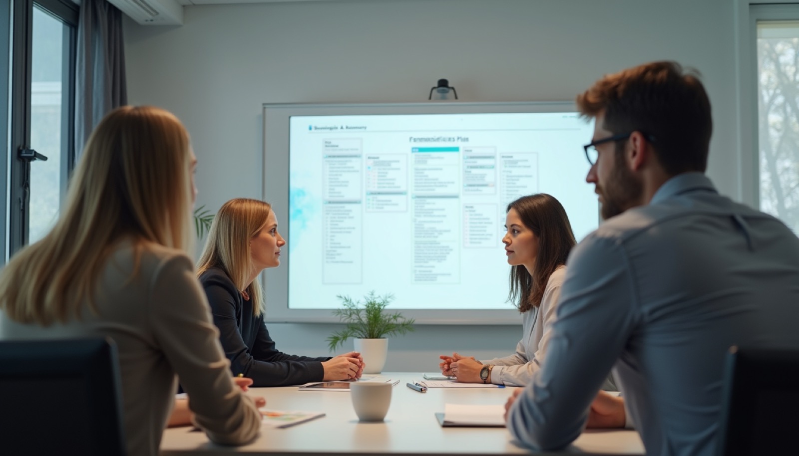 Close-up of a team meeting with a focus on a whiteboard showing a communication plan